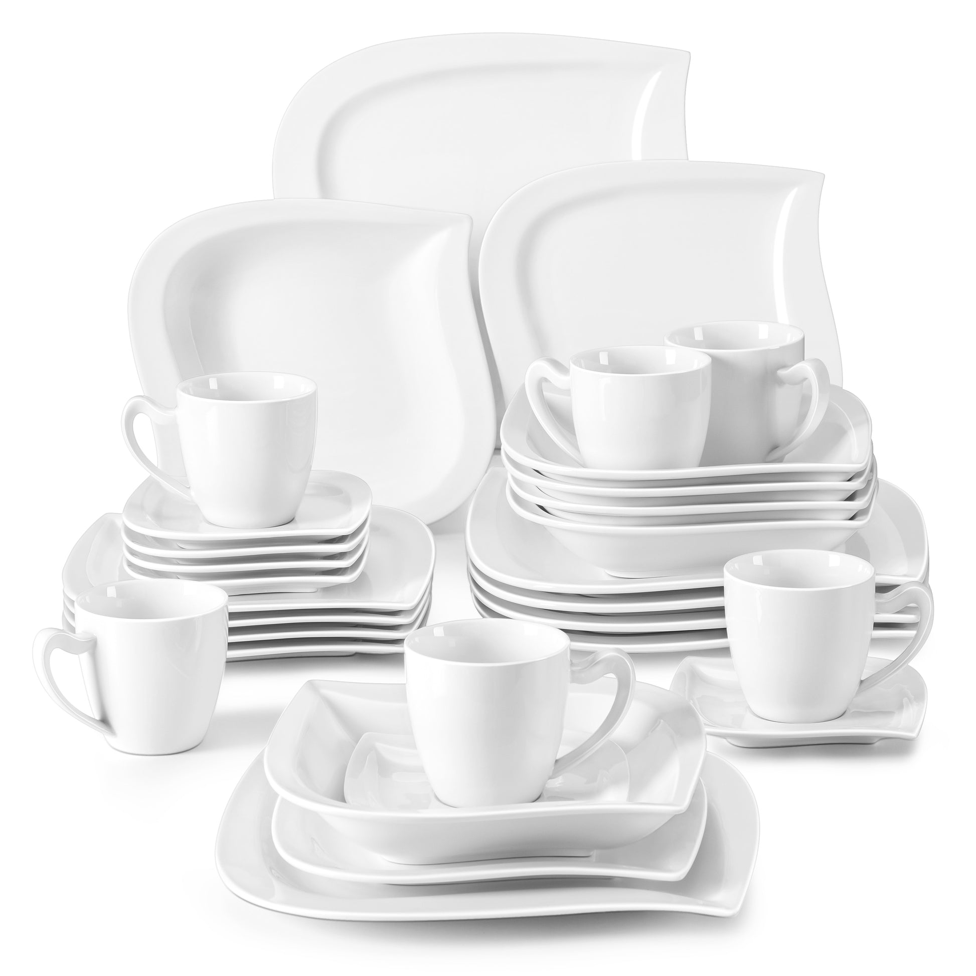 30/60 Teiliges Weißes Porzellan Dinner-Set mit Tassen, Untertassen, Dessertteller, Suppenteller, Dinnerteller und Tischbedarf für 6/12 Personen - Unique Outlet