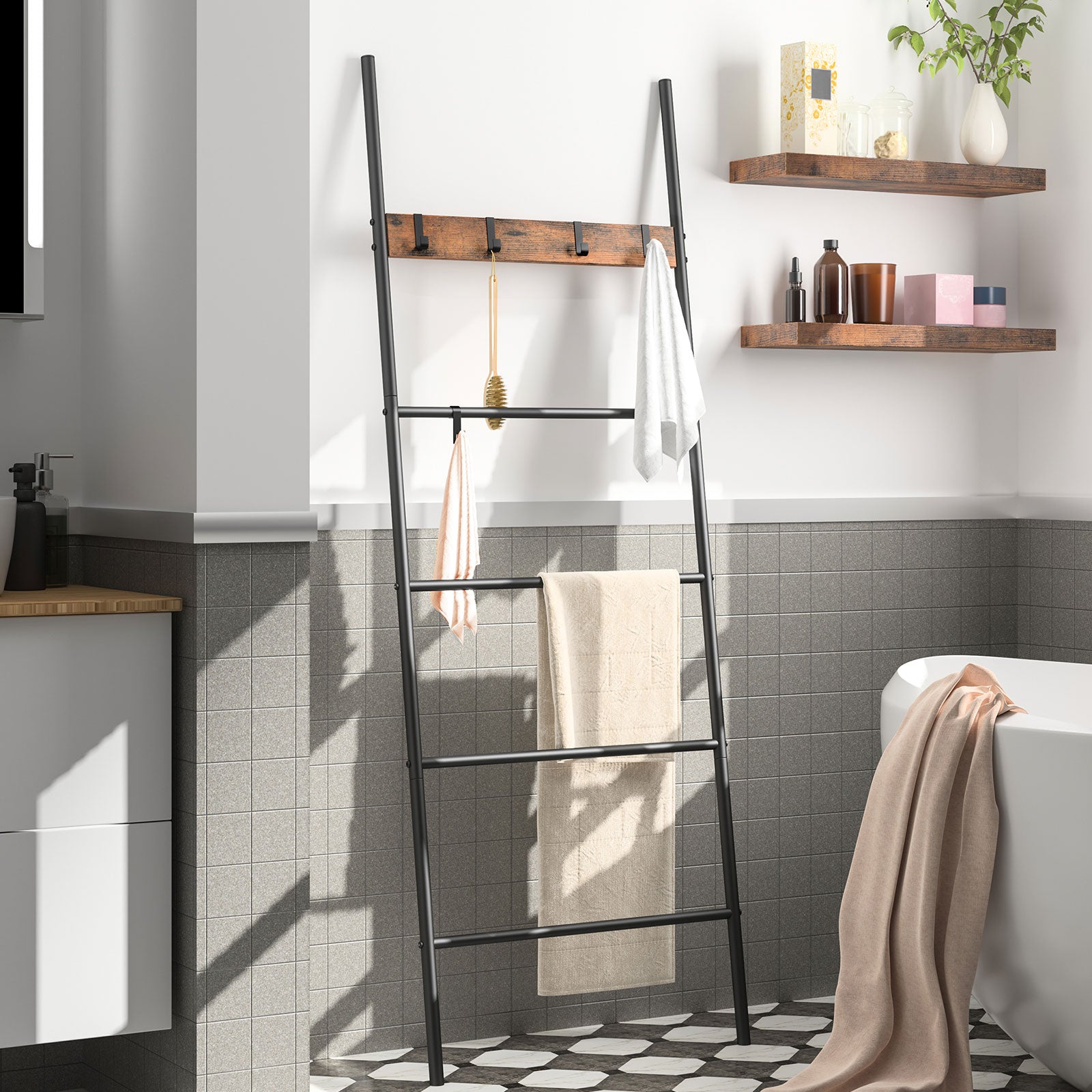 Handtuch-Decke-Leiter, 5-Etagen-Handtuchleiter, Quilts-Ständer mit 5 abnehmbaren Haken, Handtuch-Trocken- und Display-Ständer für Badezimmer - Unique Outlet