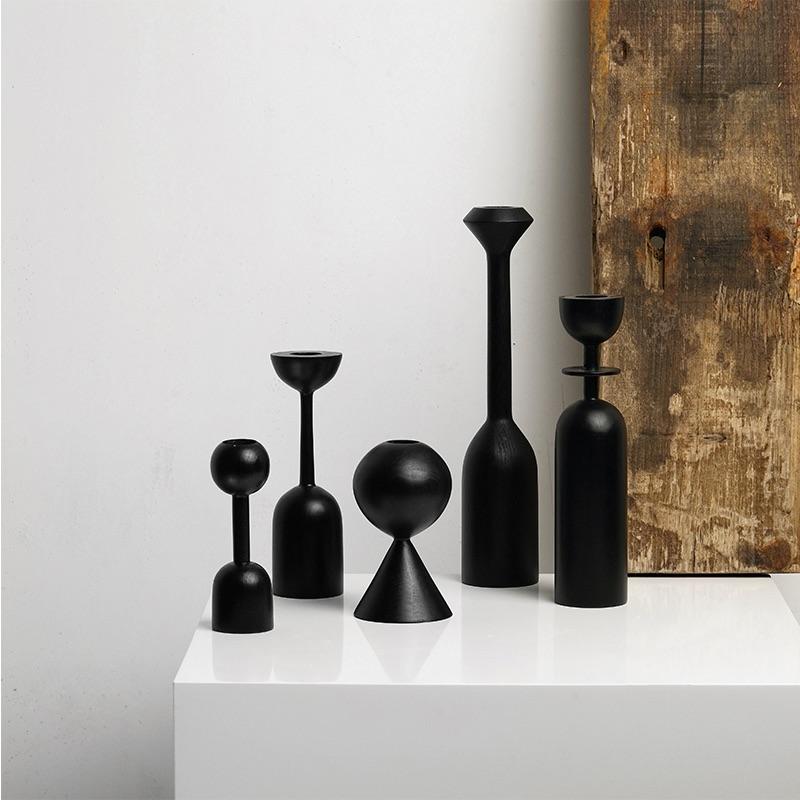 Nordische Wohnkultur, schwarze Holzkerzenhalter, minimalistische geometrische Kunst-Dekoration, Holzkerzenhalter-Set - Unique Outlet