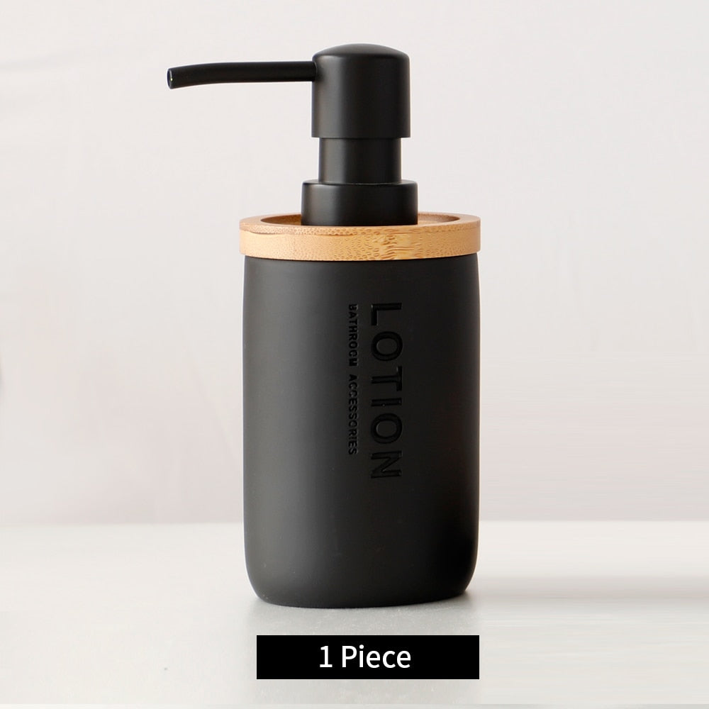 Bad-Accessoires Set oder einzeln Seife Lotion Dispenser Zahnbürstenhalter Seifenschale Becher Pumpe Flasche Tasse Holz Schwarz oder Weiß - Unique Outlet