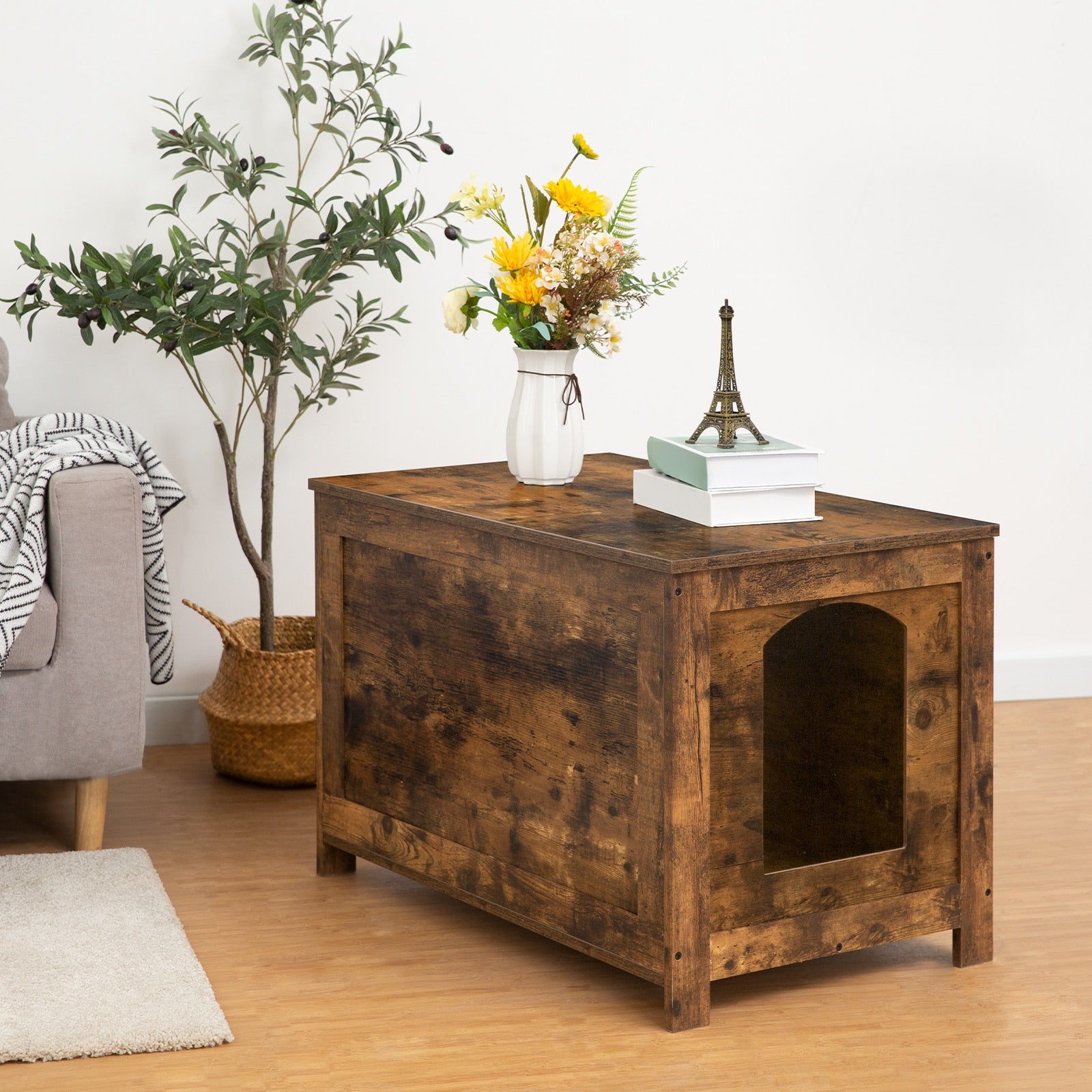 Katzenklo-Abtrennung, verstecktes Katzenhaus in Kabinettform, Klappdeckelkatzenwaschraum-Bank mit Trennwand für Flur und Schlafzimmer, braun - Unique Outlet