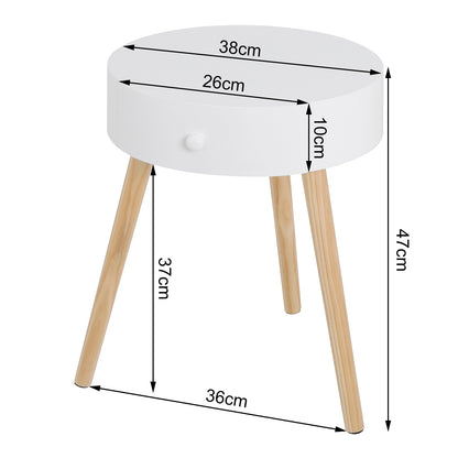 Runder weißer Nachttisch mit Schublade und Pine-Beinen, Beistelltisch für Wohnzimmer, Schlafzimmer und Zuhause - Unique Outlet