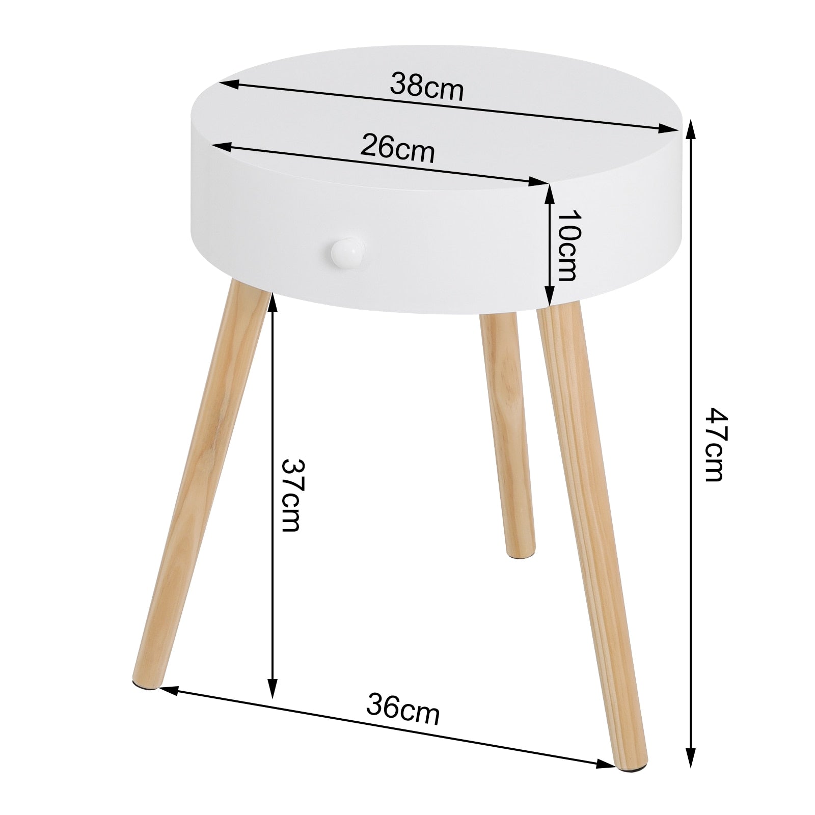 Runder weißer Nachttisch mit Schublade und Pine-Beinen, Beistelltisch für Wohnzimmer, Schlafzimmer und Zuhause - Unique Outlet