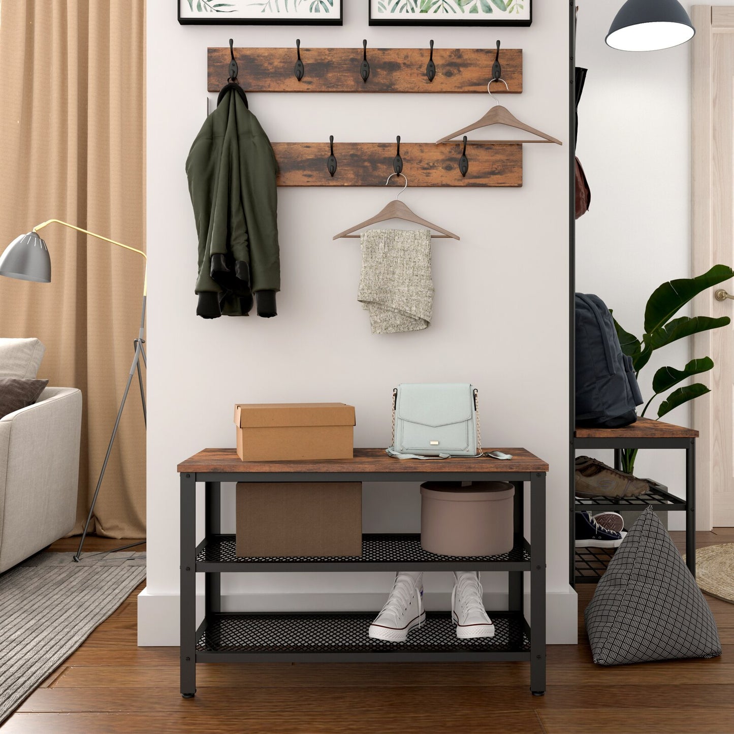 Flurbank im 3-in-1-Design, Eingangsbank mit Aufbewahrung und 9 Jackenhaken - Unique Outlet