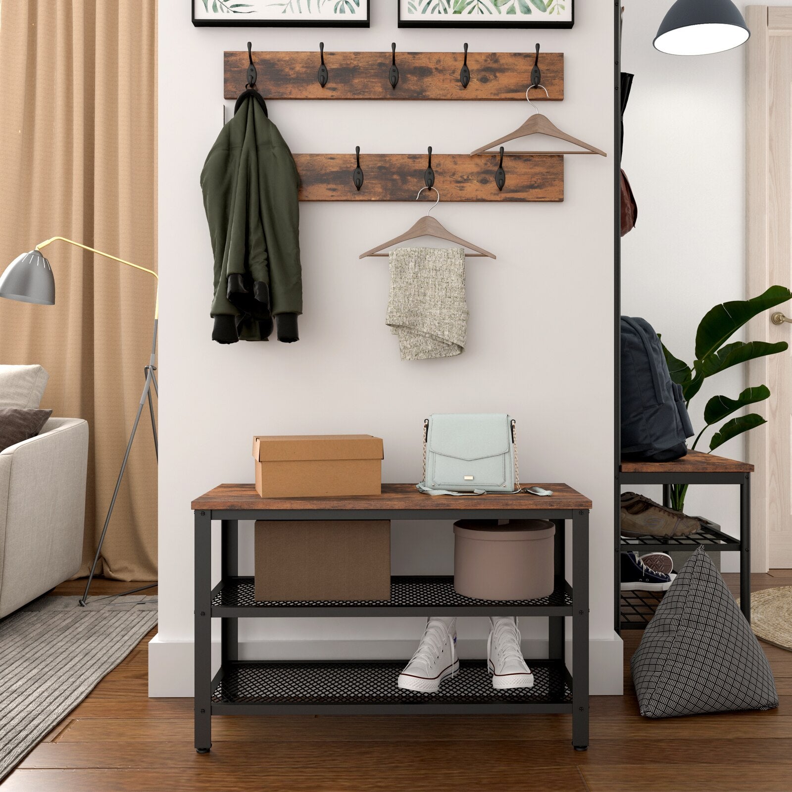 Flurbank im 3-in-1-Design, Eingangsbank mit Aufbewahrung und 9 Jackenhaken - Unique Outlet