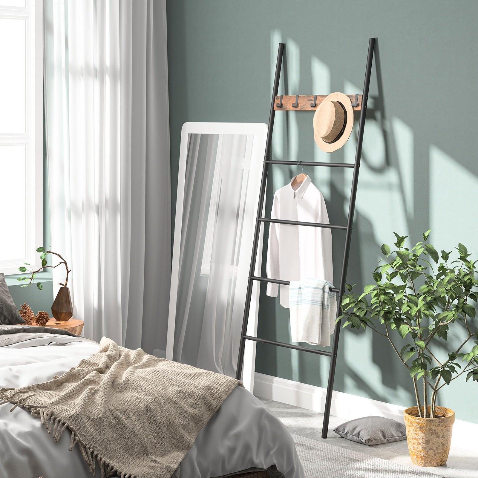 Handtuch-Decke-Leiter, 5-Etagen-Handtuchleiter, Quilts-Ständer mit 5 abnehmbaren Haken, Handtuch-Trocken- und Display-Ständer für Badezimmer - Unique Outlet