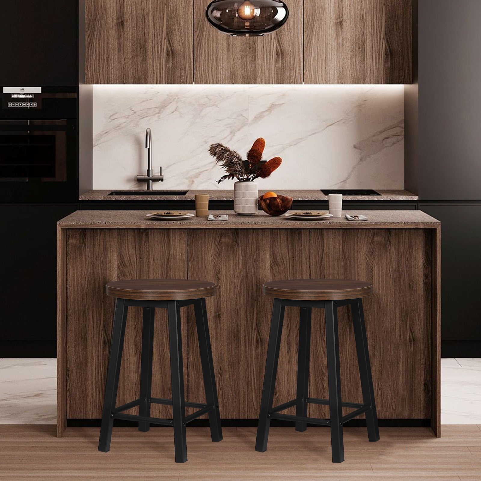 2-teiliges Set Vintage-Stil Esszimmerstühle aus Metall und Verbundholz, Küchenstühle im Retro-Industriedesign für Zuhause und Wohnzimmer - Unique Outlet