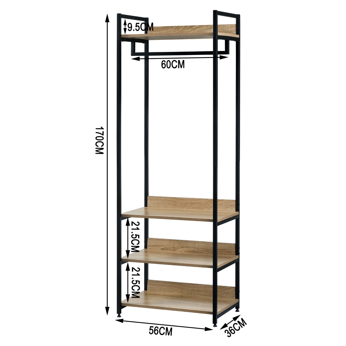Kleiderschrank mit 3 Regalen und Schuhregal, Light Oak & Black Coat Rack, Hängerkleiderschrank, Möbel für Schlafzimmer. - Unique Outlet