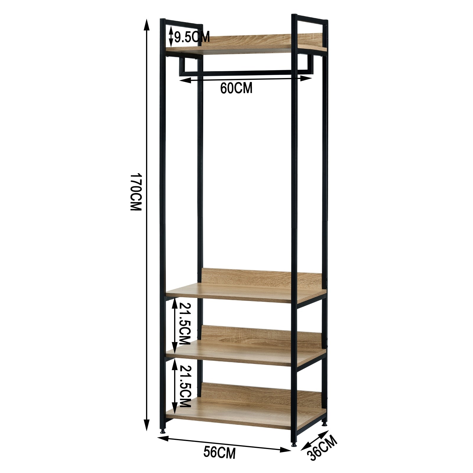 Kleiderschrank mit 3 Regalen und Schuhregal, Light Oak & Black Coat Rack, Hängerkleiderschrank, Möbel für Schlafzimmer. - Unique Outlet