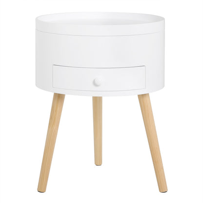 Weiße Nachttisch-Kommode mit Schublade: Runder Holz Beistelltisch mit modernem Design für Wohnzimmer und Schlafzimmer - Unique Outlet