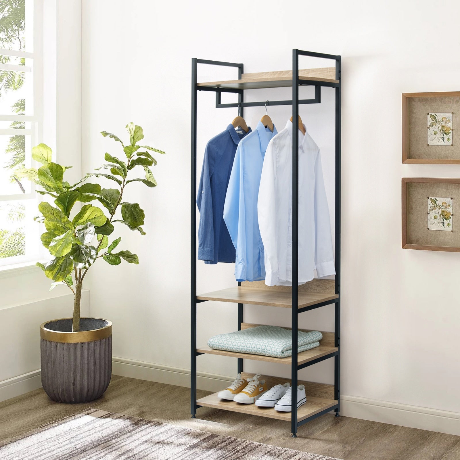 Kleiderschrank mit 3 Regalen und Schuhregal, Light Oak & Black Coat Rack, Hängerkleiderschrank, Möbel für Schlafzimmer. - Unique Outlet