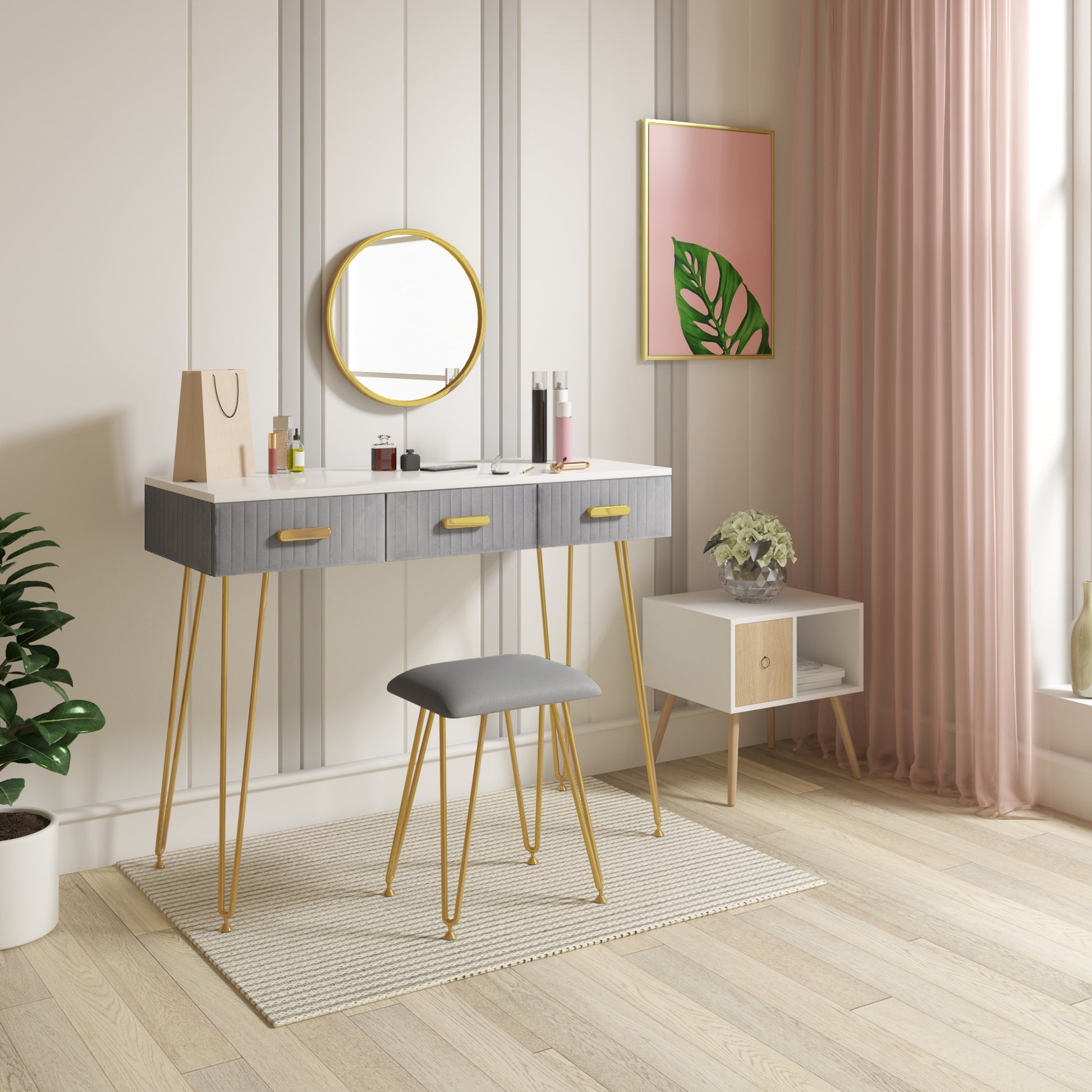 Moderner Schminktisch mit Hocker, Spiegel und Schubladen, Rosa/Grau Make-up Tisch für Schlafzimmer, Kosmetiktisch, Wohnmöbel - Unique Outlet