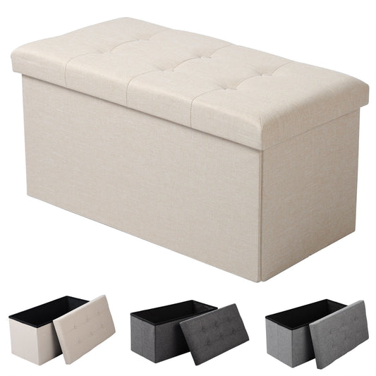 Faltbarer Aufbewahrungshocker mit gepolsterter Sitzfläche und abnehmbarem Deckel - Leinenstoff, 80L Kapazität, 300 kg Tragkraft, verschiedene Farben. - Unique Outlet