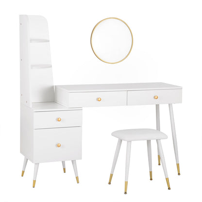Weißer Kosmetiktisch mit Hocker und Spiegel, 4 Schubladen und großem Tischaufsatz, moderne Frisiertisch-Kombination für das Schlafzimmer - Unique Outlet