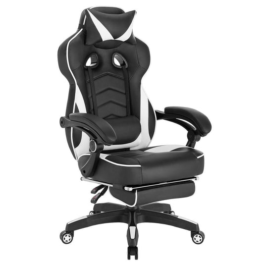 Gaming Stuhl mit Fußstütze, Kopf- und Lendenkissen. Einstellbarer Racing Bürostuhl, Schreibtischstuhl, Computerstuhl. Komfortable, robuste und ergonomische Ausführung. - Unique Outlet