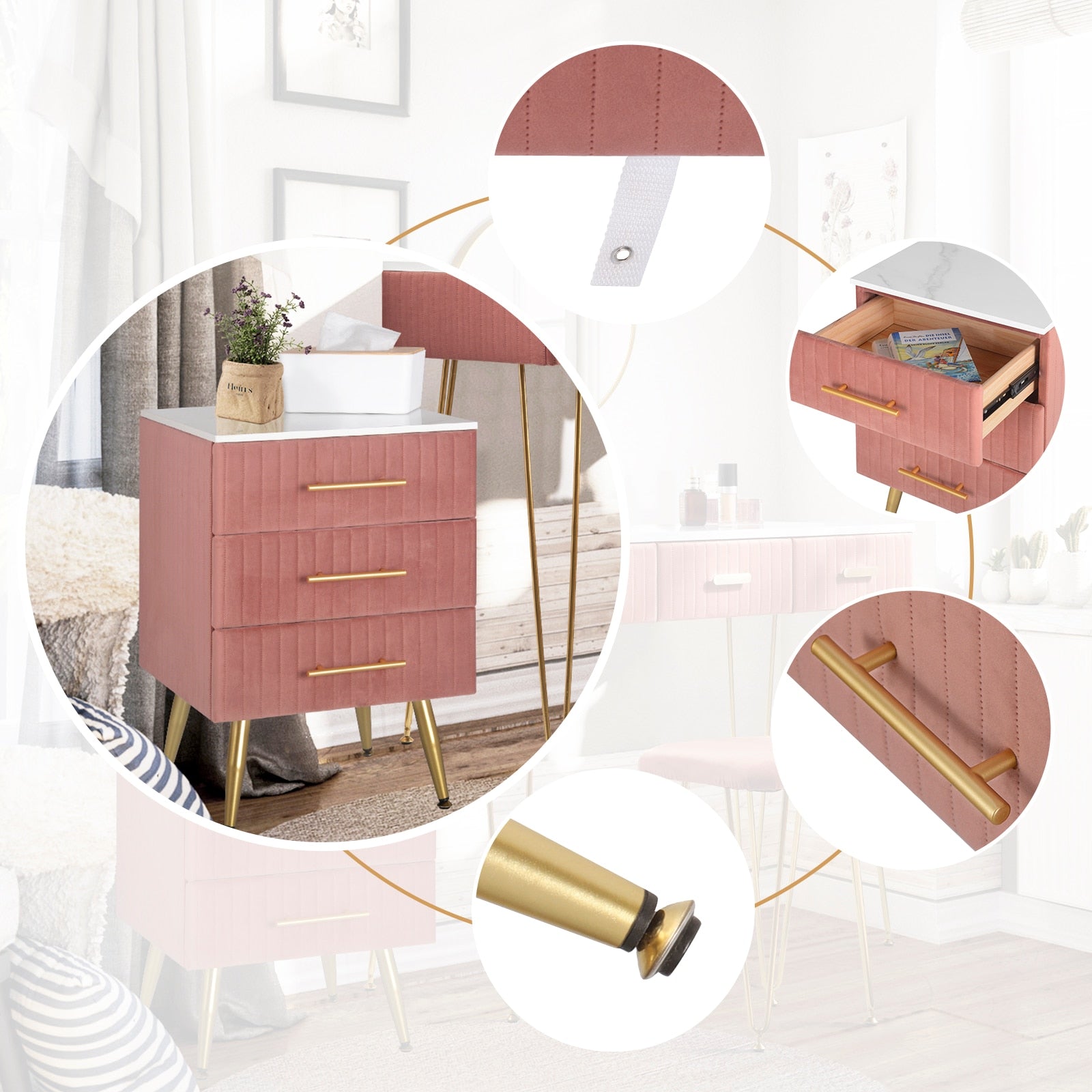 3 Schubladen Nachttisch Beistelltisch Couchtisch in Pink mit Goldbeinen, 40.5x41x62cm, 80kg Tragkraft - Unique Outlet