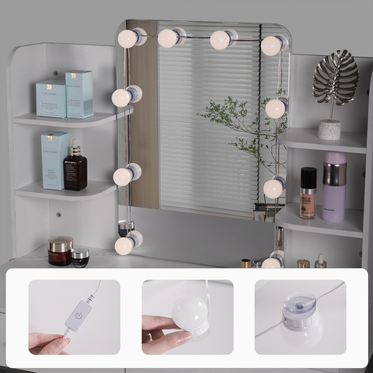Moderner Schminktisch mit LED-Beleuchtung, Spiegel und 2 Schubladen fürs Schlafzimmer. - Unique Outlet