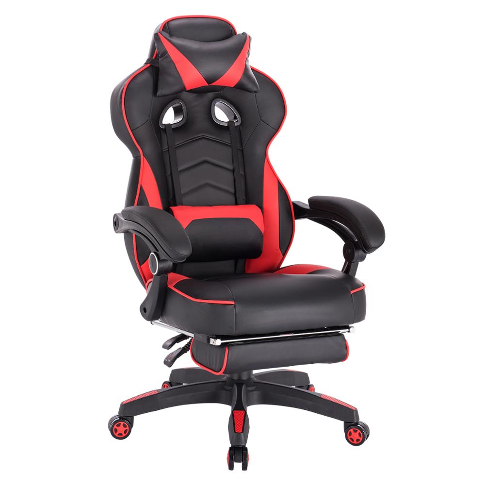 Gaming Stuhl mit Fußstütze, Kopf- und Lendenkissen. Einstellbarer Racing Bürostuhl, Schreibtischstuhl, Computerstuhl. Komfortable, robuste und ergonomische Ausführung. - Unique Outlet