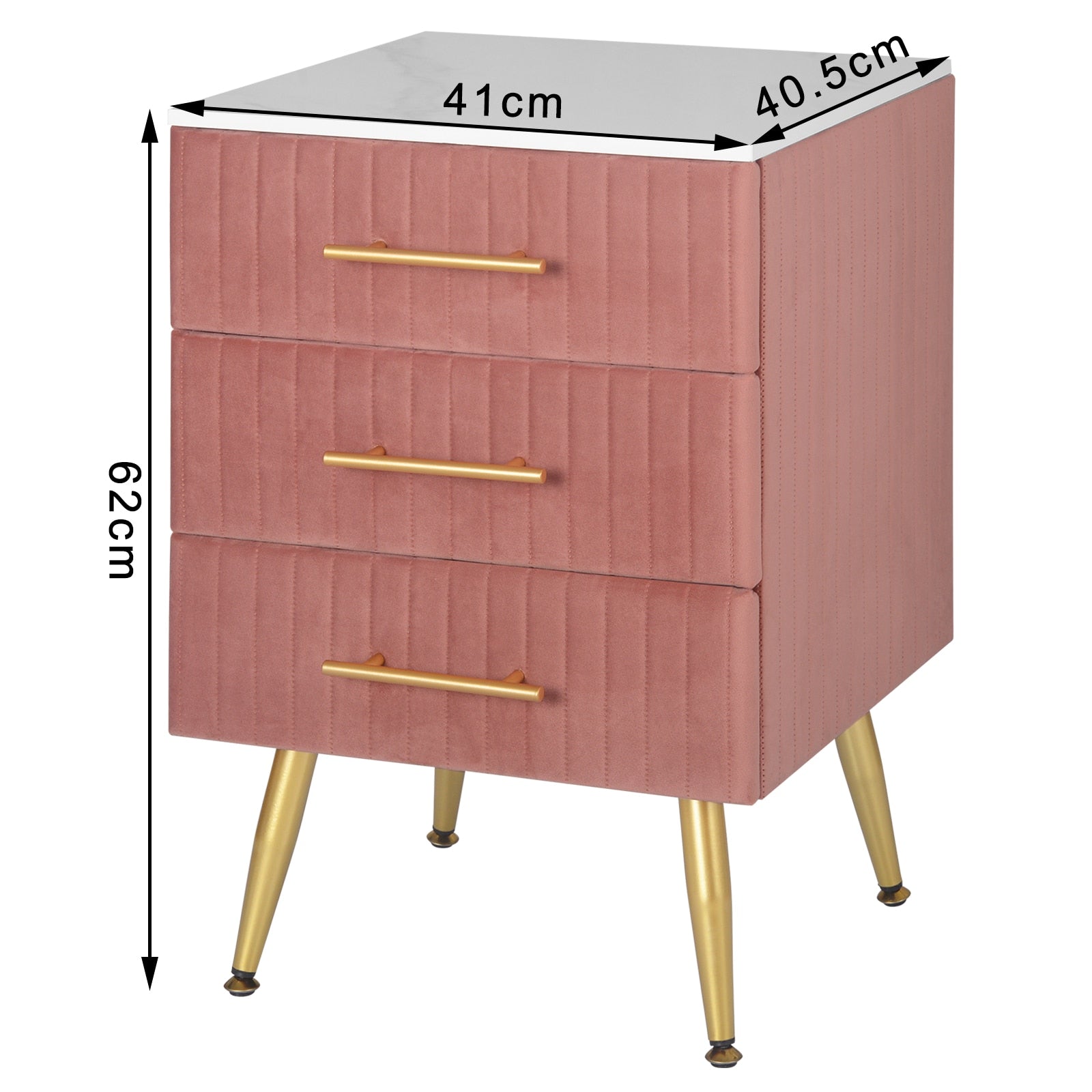 3 Schubladen Nachttisch Beistelltisch Couchtisch in Pink mit Goldbeinen, 40.5x41x62cm, 80kg Tragkraft - Unique Outlet