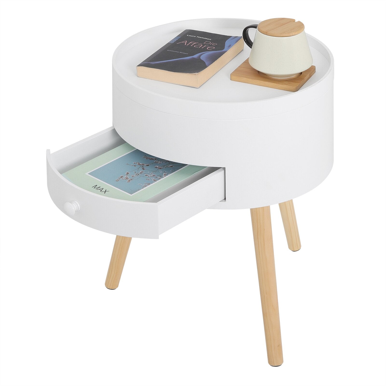 Weiße Nachttisch-Kommode mit Schublade: Runder Holz Beistelltisch mit modernem Design für Wohnzimmer und Schlafzimmer - Unique Outlet