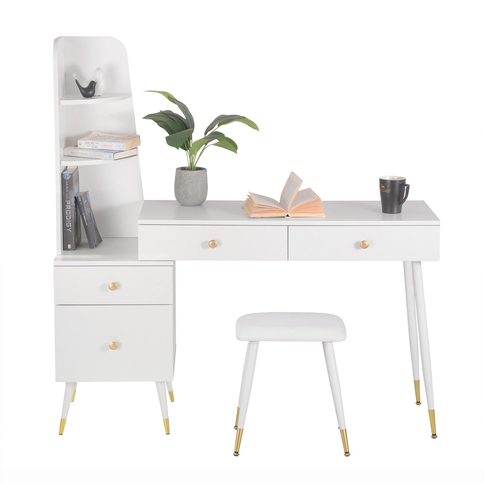 Weißer Kosmetiktisch mit Hocker und Spiegel, 4 Schubladen und großem Tischaufsatz, moderne Frisiertisch-Kombination für das Schlafzimmer - Unique Outlet