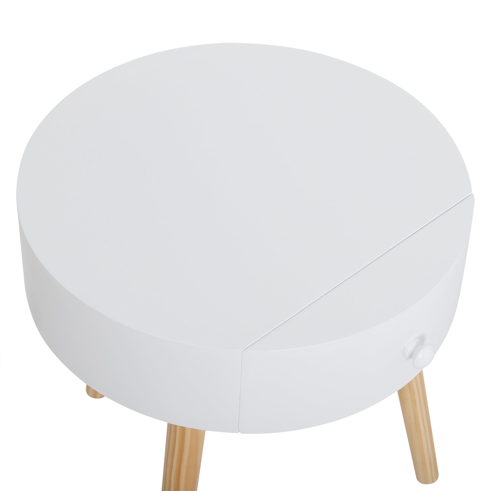 Runder weißer Nachttisch mit Schublade und Pine-Beinen, Beistelltisch für Wohnzimmer, Schlafzimmer und Zuhause - Unique Outlet
