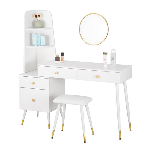 Weißer Kosmetiktisch mit Hocker und Spiegel, 4 Schubladen und großem Tischaufsatz, moderne Frisiertisch-Kombination für das Schlafzimmer - Unique Outlet