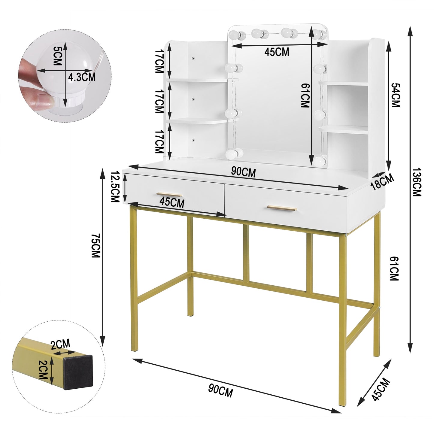 Moderner Schminktisch mit LED-Beleuchtung, Spiegel und 2 Schubladen fürs Schlafzimmer. - Unique Outlet