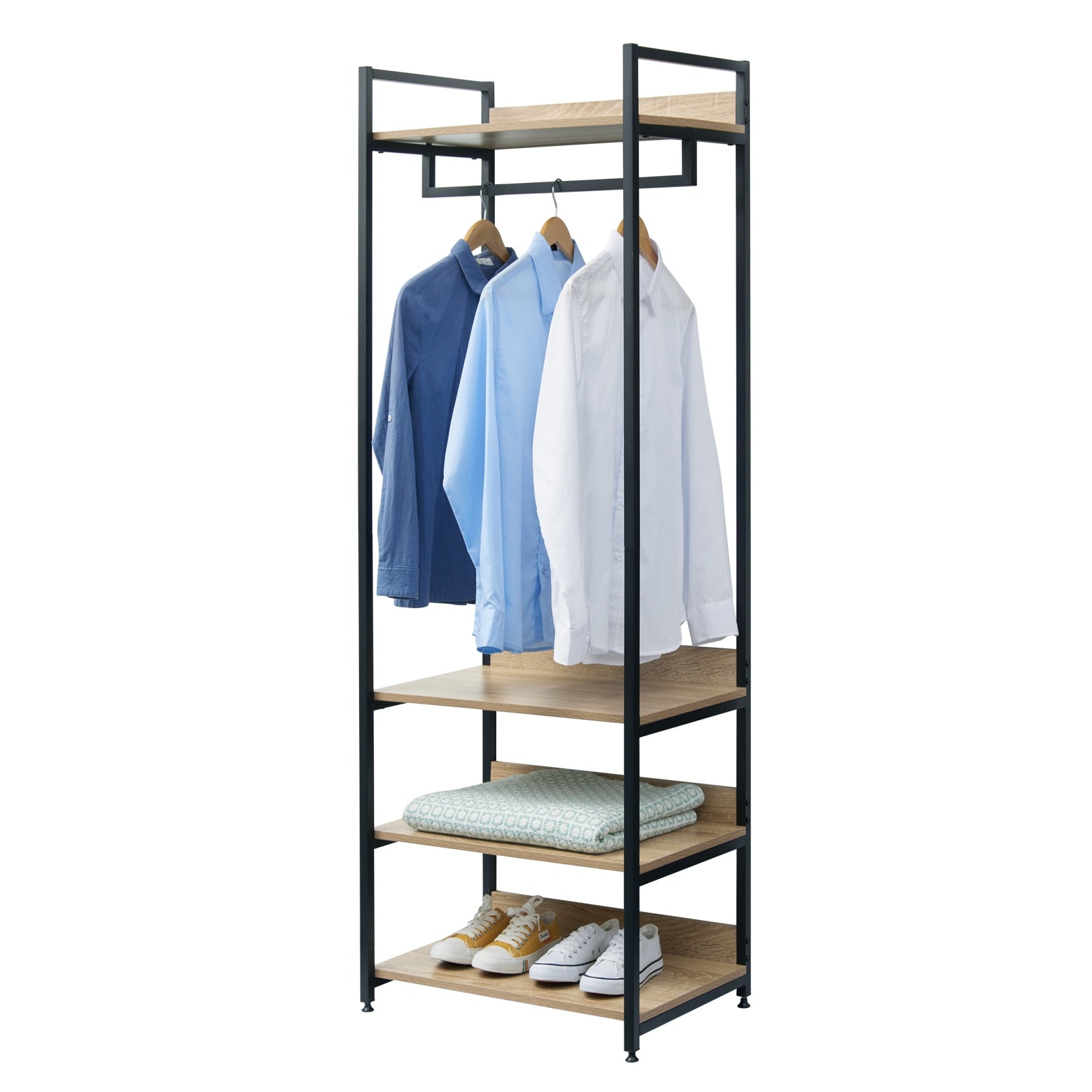 Kleiderschrank mit 3 Regalen und Schuhregal, Light Oak & Black Coat Rack, Hängerkleiderschrank, Möbel für Schlafzimmer. - Unique Outlet
