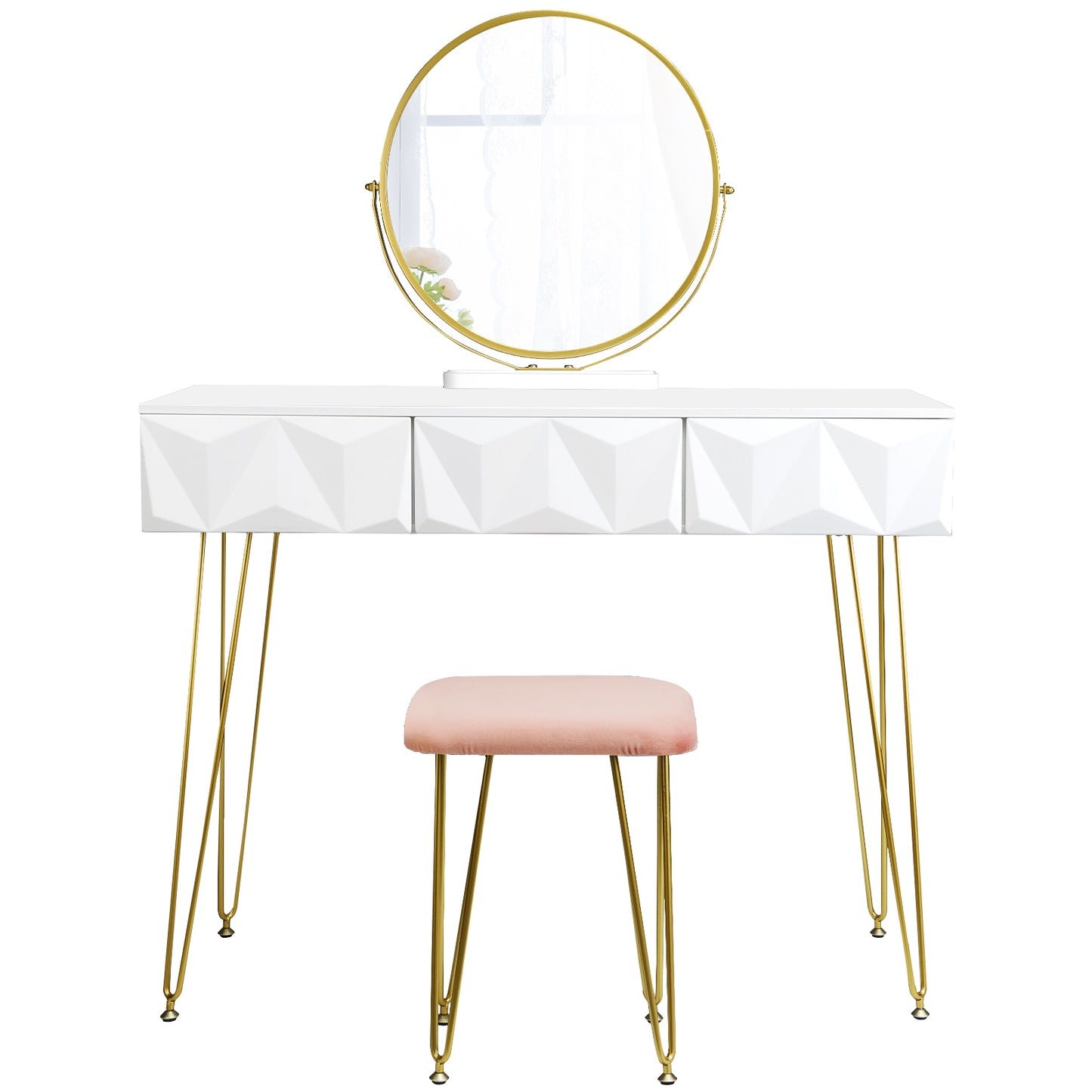 Schminktisch mit 360° drehbarem Spiegel, samtbezogenem Hocker, Make-up-Kosmetiktisch mit 3 Schubladen und 3D-Effekt für das Schlafzimmer weiß gold - Unique Outlet