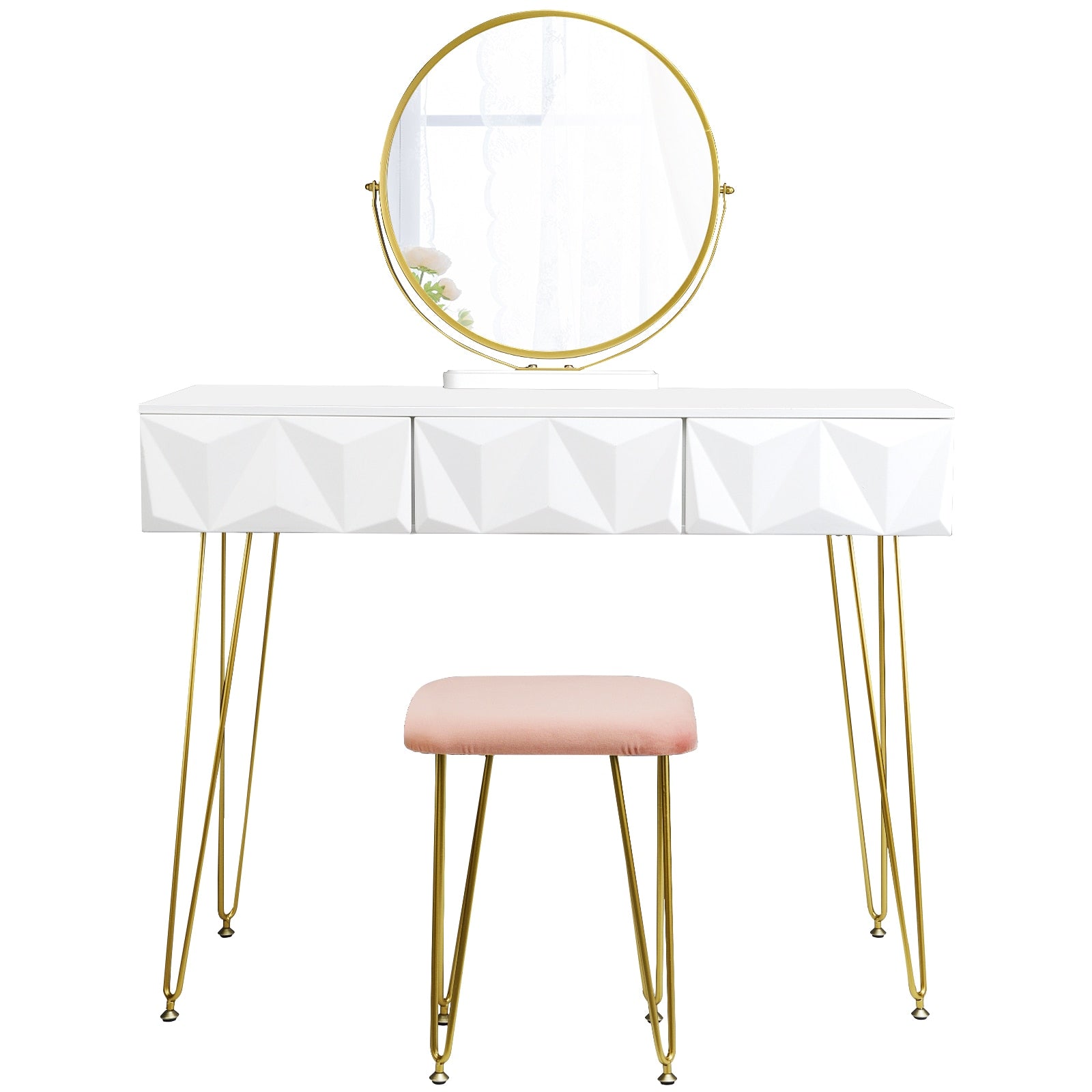 Schminktisch mit 360° drehbarem Spiegel, samtbezogenem Hocker, Make-up-Kosmetiktisch mit 3 Schubladen und 3D-Effekt für das Schlafzimmer weiß gold - Unique Outlet