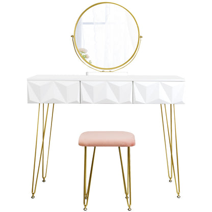 Schminktisch mit 360° drehbarem Spiegel, samtbezogenem Hocker, Make-up-Kosmetiktisch mit 3 Schubladen und 3D-Effekt für das Schlafzimmer weiß gold - Unique Outlet