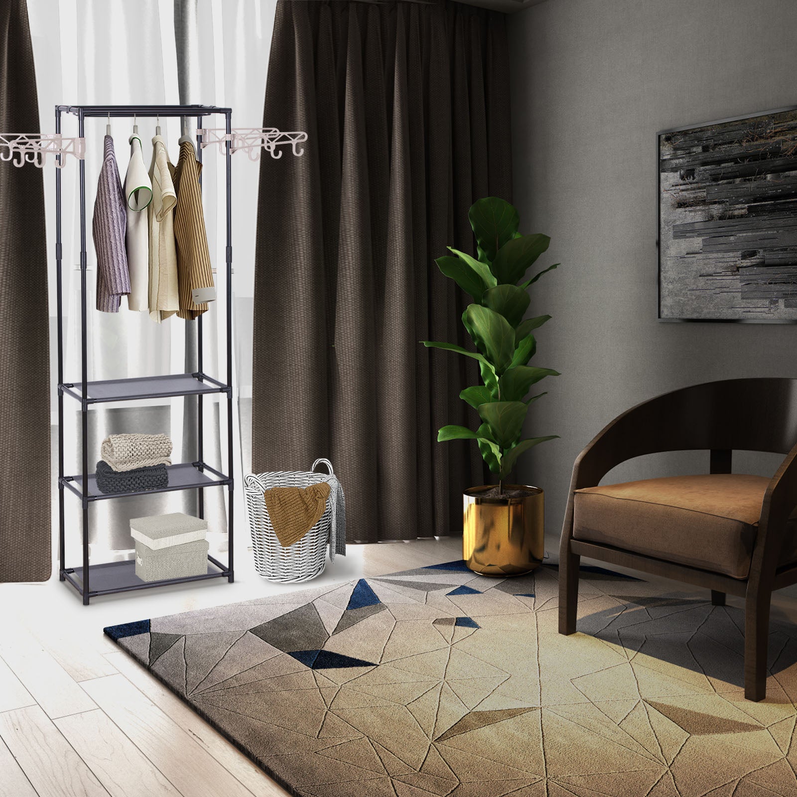 Organizer mit Ablage, Kleiderstange und Hängevorrichtung 55x28,5x175 cm - Platzsparender Kleiderständer für das Schlafzimmer - Unique Outlet