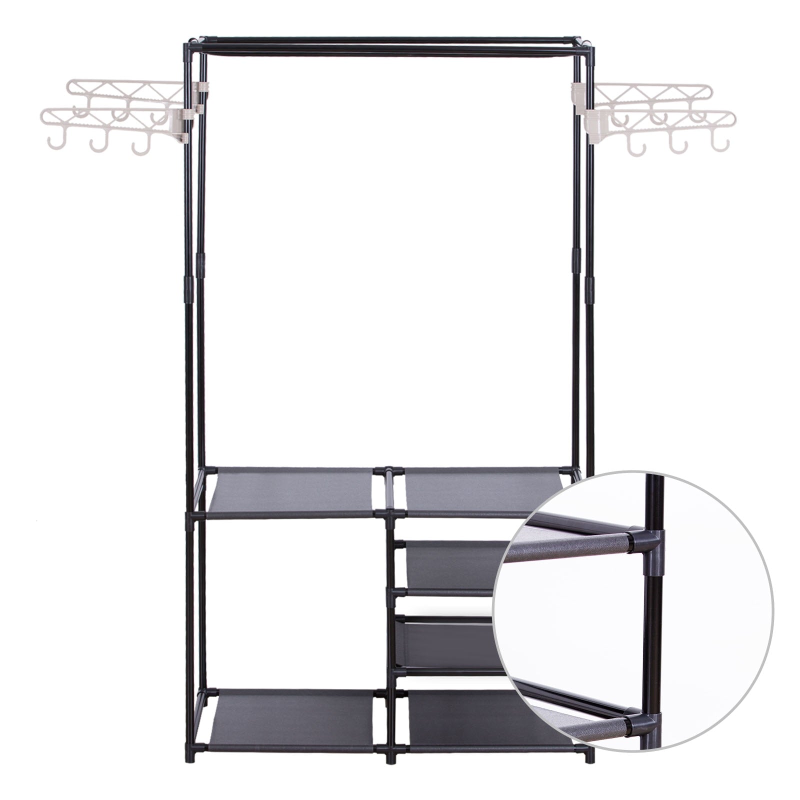 Kleiderständer schwarz - Stehend mit viel Stauraum - 4 Regale und 4 Seitenhaken zum Aufhängen von Taschen, Schals und mehr. Belastbar bis zu 16kg. Einfach zu installieren. - Unique Outlet