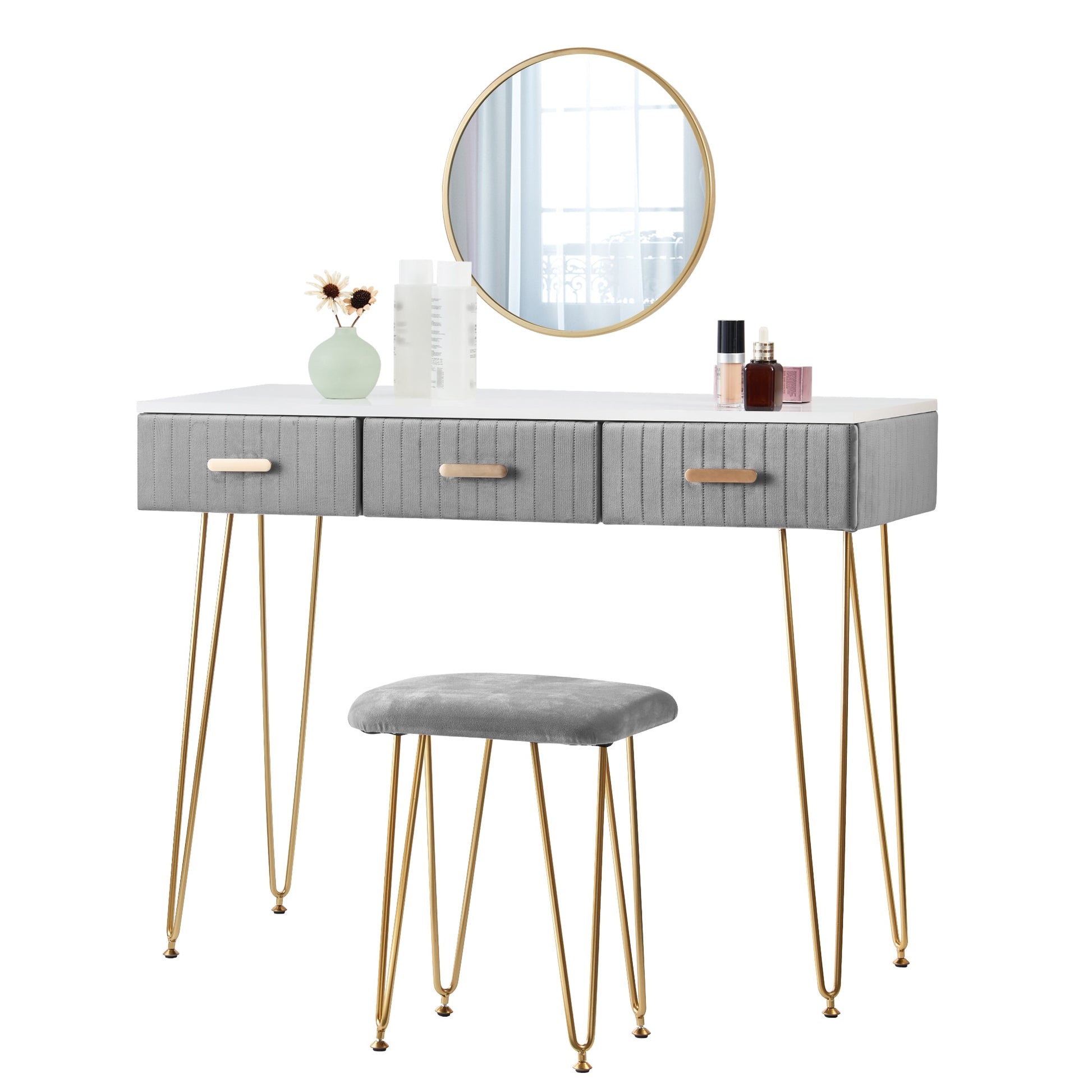 Moderner Schminktisch mit Hocker, Spiegel und Schubladen, Rosa/Grau Make-up Tisch für Schlafzimmer, Kosmetiktisch, Wohnmöbel - Unique Outlet